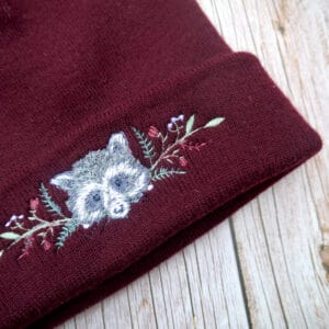 Lovely Floral Racoon Embroidered Beanie - handmade by KC Studios (view 4)