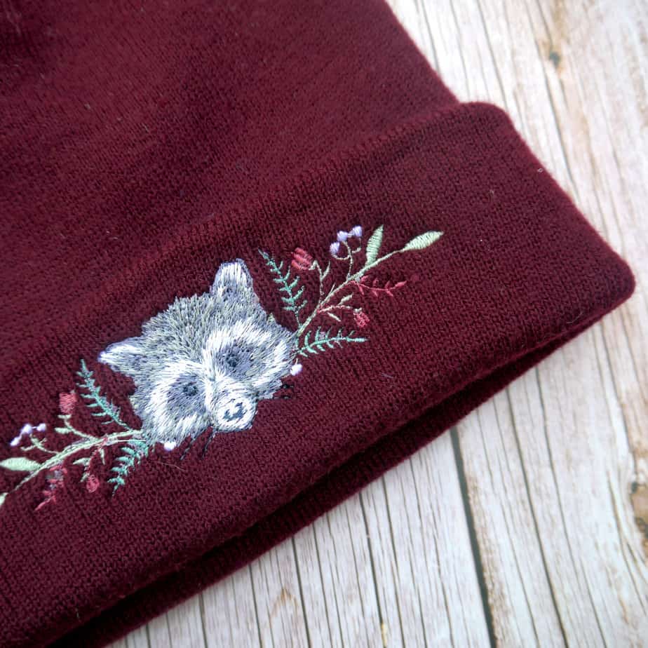 Lovely Floral Racoon Embroidered Beanie - handmade by KC Studios (view 4)