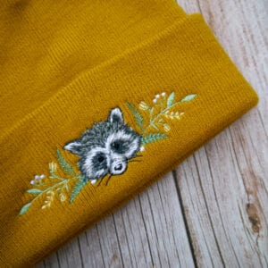 Lovely Floral Racoon Embroidered Beanie - handmade by KC Studios (view 3)
