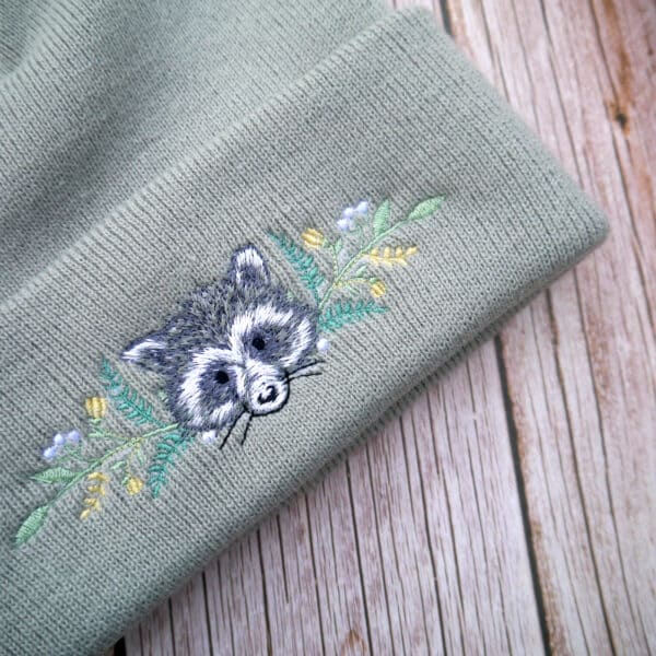 Lovely Floral Racoon Embroidered Beanie - handmade by KC Studios