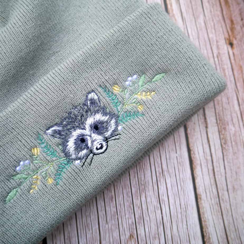 Lovely Floral Racoon Embroidered Beanie - handmade by KC Studios