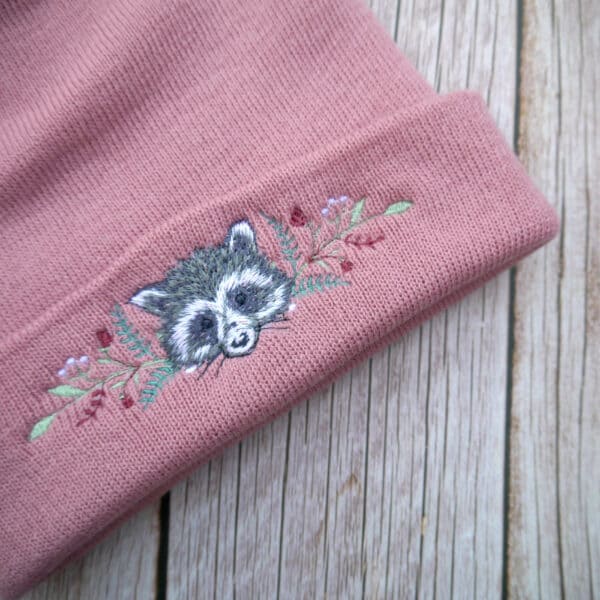 Lovely Floral Racoon Embroidered Beanie - handmade by KC Studios (view 2)