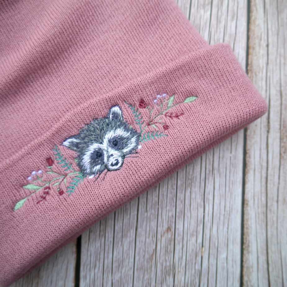 Lovely Floral Racoon Embroidered Beanie - handmade by KC Studios (view 2)