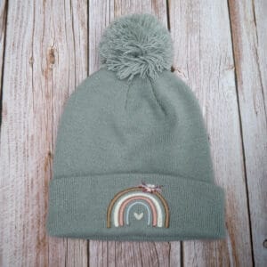 Lovely Boho Rainbow Embroidered Beanie With Bobble - handmade by KC Studios (view 2)