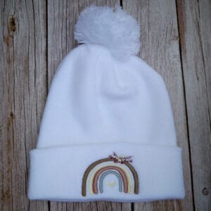 Lovely Boho Rainbow Embroidered Beanie With Bobble - handmade by KC Studios (view 4)