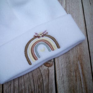 Lovely Boho Rainbow Embroidered Beanie With Bobble - handmade by KC Studios (view 3)