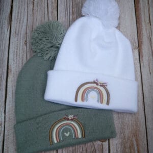 Lovely Boho Rainbow Embroidered Beanie With Bobble - handmade by KC Studios (view 5)