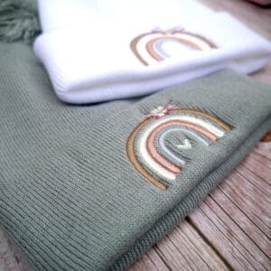 Lovely Boho Rainbow Embroidered Beanie With Bobble - handmade by KC Studios (view 6)