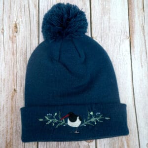 Lovely Blue Floral Oyster Catcher Embroidered Beanie With Bobble - handmade by KC Studios (view 2)