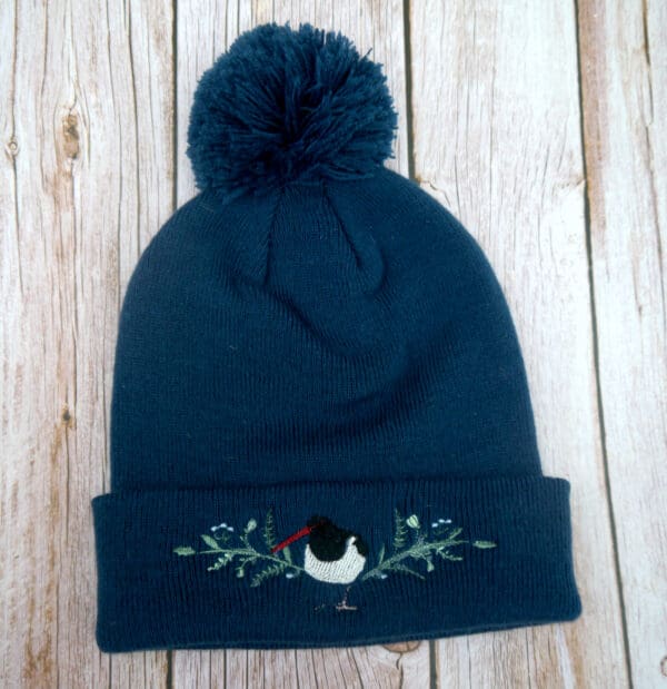 Lovely Blue Floral Oyster Catcher Embroidered Beanie With Bobble - handmade by KC Studios (view 2)