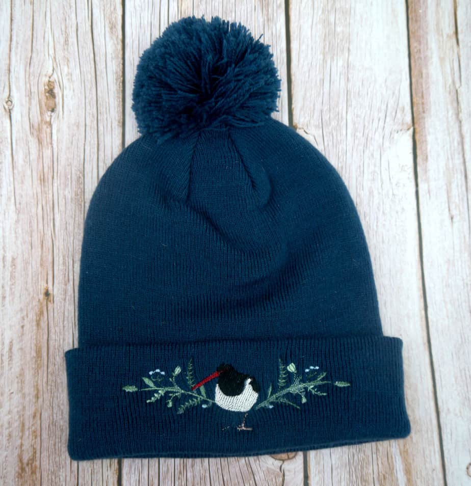 Lovely Blue Floral Oyster Catcher Embroidered Beanie With Bobble - handmade by KC Studios (view 2)