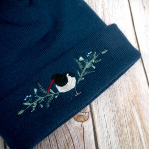 Lovely Blue Floral Oyster Catcher Embroidered Beanie With Bobble - handmade by KC Studios