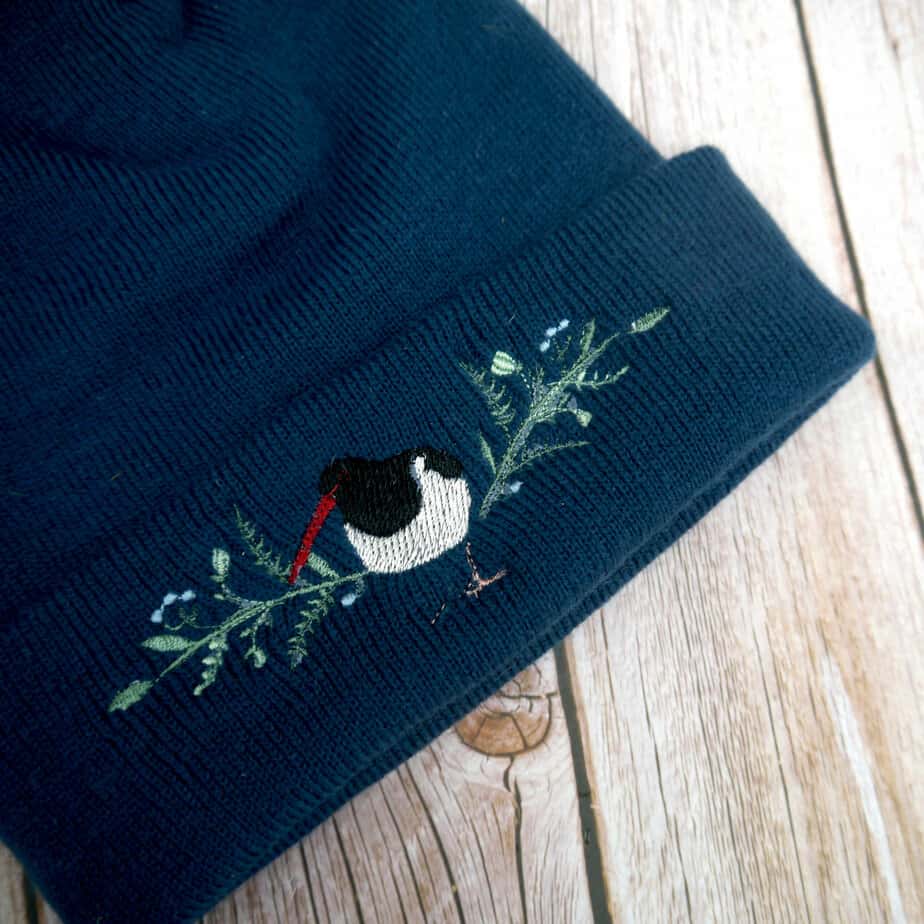 Lovely Blue Floral Oyster Catcher Embroidered Beanie With Bobble - handmade by KC Studios