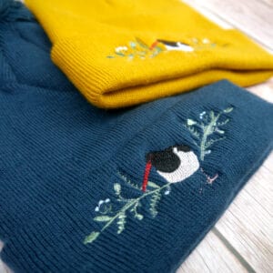Lovely Blue Floral Oyster Catcher Embroidered Beanie With Bobble - handmade by KC Studios (view 4)