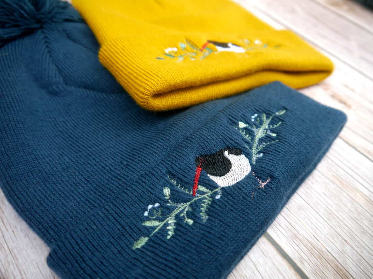 Lovely Blue Floral Oyster Catcher Embroidered Beanie With Bobble - handmade by KC Studios (view 4)
