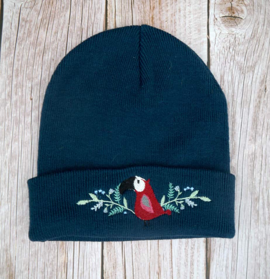 Lovely Floral Petrol Blue Toucan Embroidered Beanie - Image 3