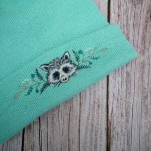 Lovely Floral Racoon Embroidered Beanie - handmade by KC Studios (view 5)