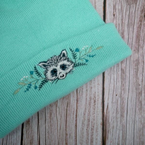 Lovely Floral Racoon Embroidered Beanie - handmade by KC Studios (view 5)