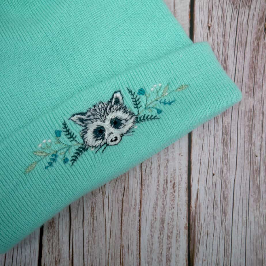 Lovely Floral Racoon Embroidered Beanie - handmade by KC Studios (view 5)