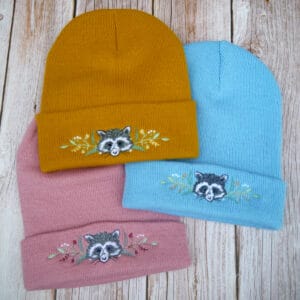 Lovely Floral Racoon Embroidered Beanie - handmade by KC Studios (view 8)