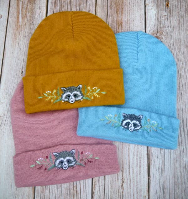 Lovely Floral Racoon Embroidered Beanie - handmade by KC Studios (view 8)