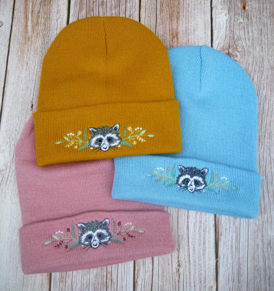 Lovely Floral Racoon Embroidered Beanie - handmade by KC Studios (view 8)