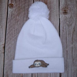Cute Sloth Embroidered Beanie With Bobble - handmade by KC Studios (view 2)