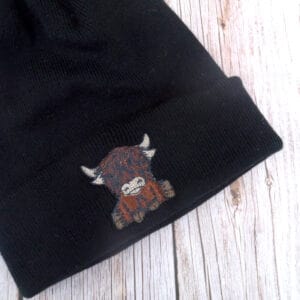 Cute Highland Cow Embroidered Beanie With Bobble - handmade by KC Studios (view 4)