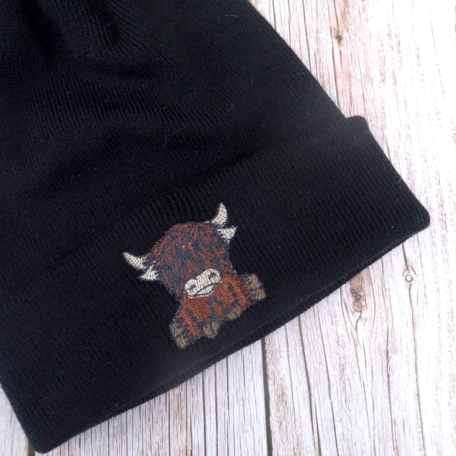 Cute Highland Cow Embroidered Beanie With Bobble - handmade by KC Studios (view 4)