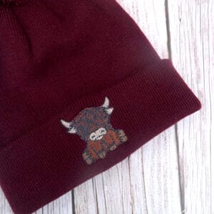 Cute Highland Cow Embroidered Beanie With Bobble - handmade by KC Studios (view 3)