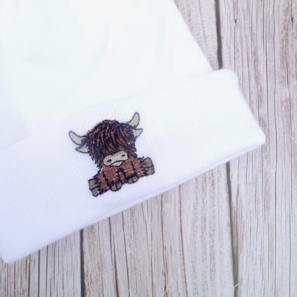 Cute Highland Cow Embroidered Beanie With Bobble - handmade by KC Studios (view 2)