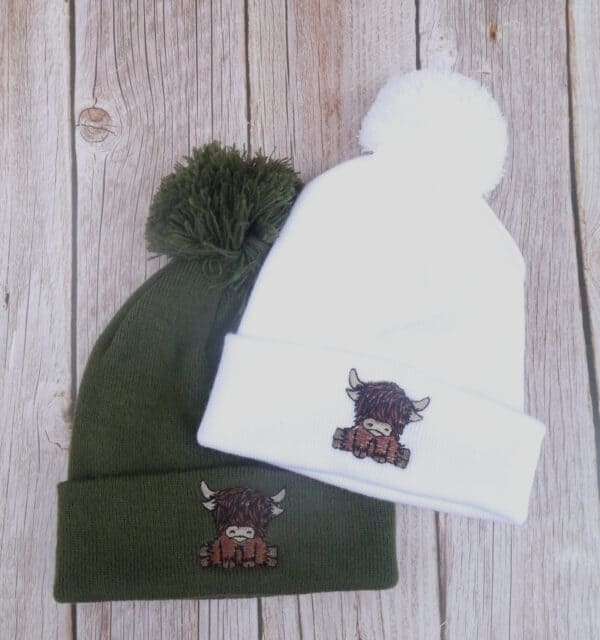 Cute Highland Cow Embroidered Beanie With Bobble - handmade by KC Studios (view 5)