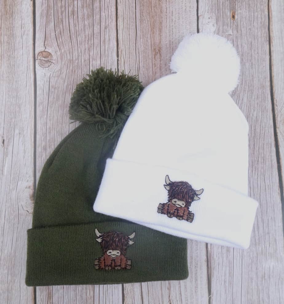Cute Highland Cow Embroidered Beanie With Bobble - handmade by KC Studios (view 5)