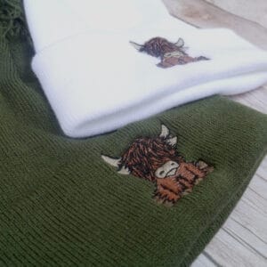 Cute Highland Cow Embroidered Beanie With Bobble - handmade by KC Studios (view 7)