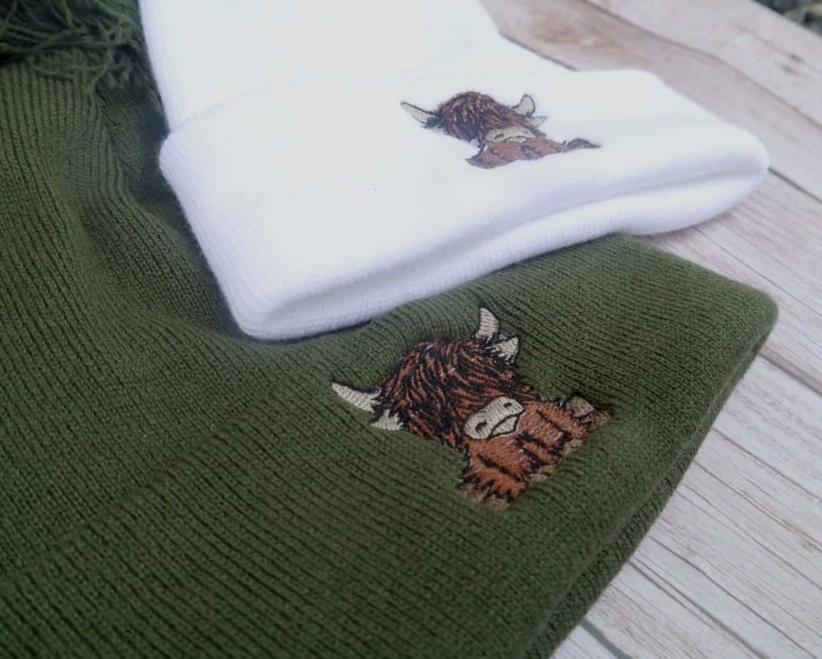 Cute Highland Cow Embroidered Beanie With Bobble - handmade by KC Studios (view 7)