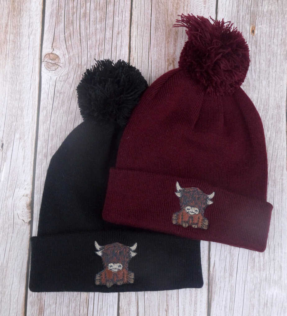 Cute Highland Cow Embroidered Beanie With Bobble - handmade by KC Studios (view 6)