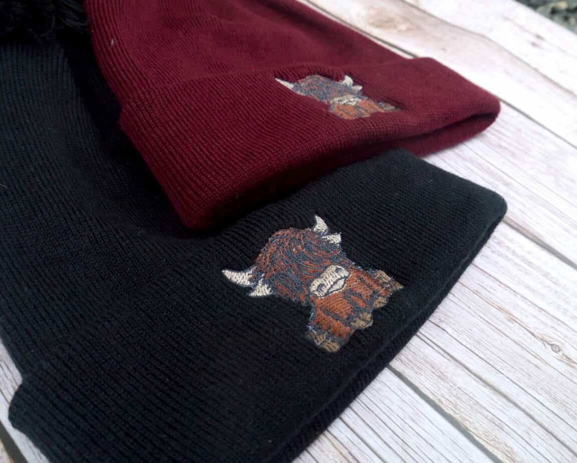 Cute Highland Cow Embroidered Beanie With Bobble - handmade by KC Studios (view 8)