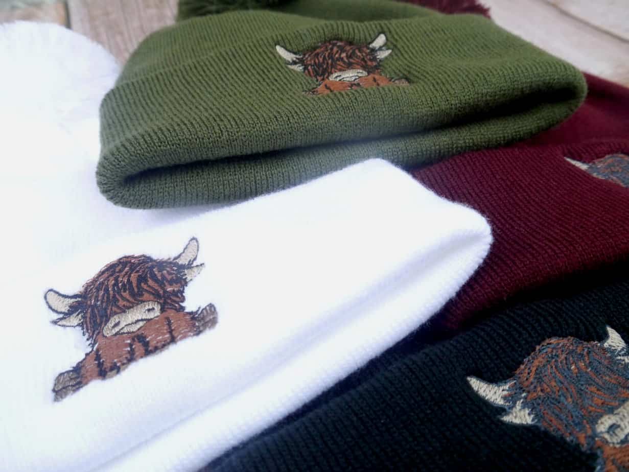 Cute Highland Cow Embroidered Beanie With Bobble - handmade by KC Studios (view 9)