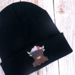 Cute Highland Cow Floral Headband Embroidered Beanie - handmade by KC Studios (view 3)