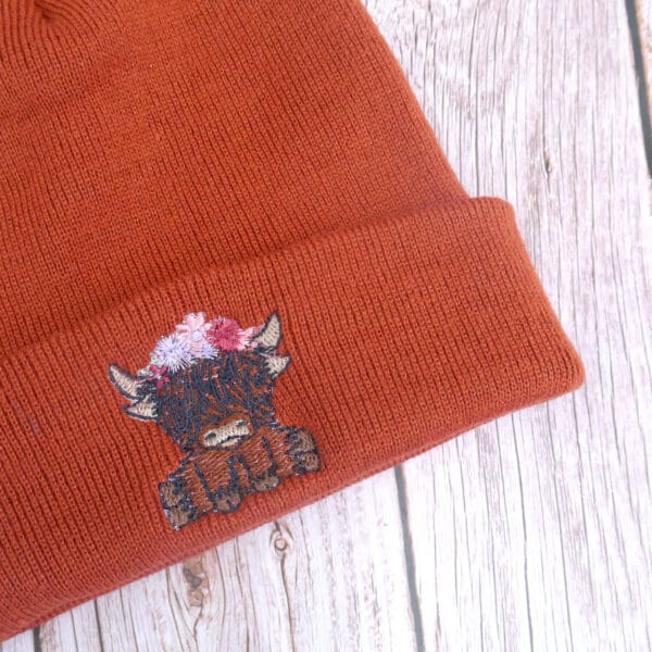 Cute Highland Cow Floral Headband Embroidered Beanie - handmade by KC Studios (view 4)