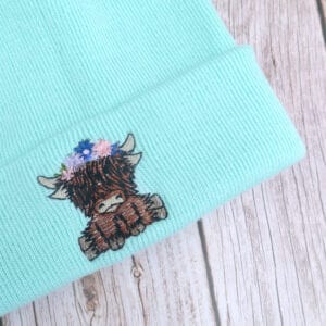 Cute Highland Cow Floral Headband Embroidered Beanie - handmade by KC Studios (view 2)