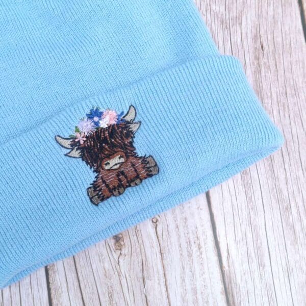 Cute Highland Cow Floral Headband Embroidered Beanie - handmade by KC Studios