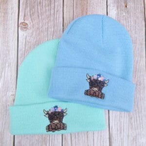 Cute Highland Cow Floral Headband Embroidered Beanie - handmade by KC Studios (view 5)