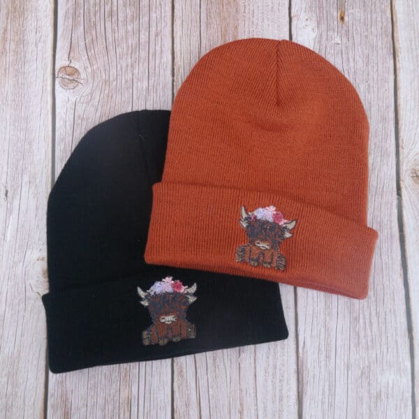 Cute Highland Cow Floral Headband Embroidered Beanie - handmade by KC Studios (view 6)