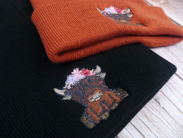 Cute Highland Cow Floral Headband Embroidered Beanie - handmade by KC Studios (view 7)