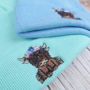 Cute Highland Cow Floral Headband Embroidered Beanie - handmade by KC Studios (view 8)