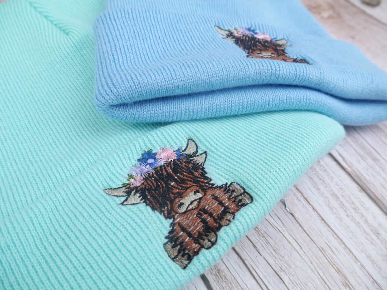 Cute Highland Cow Floral Headband Embroidered Beanie - handmade by KC Studios (view 8)