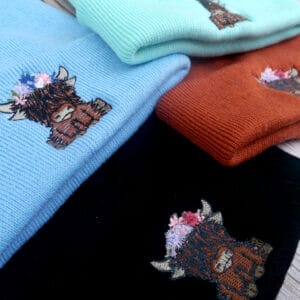 Cute Highland Cow Floral Headband Embroidered Beanie - handmade by KC Studios (view 9)