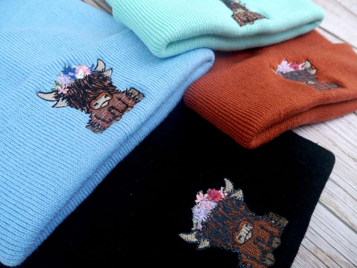 Cute Highland Cow Floral Headband Embroidered Beanie - handmade by KC Studios (view 9)