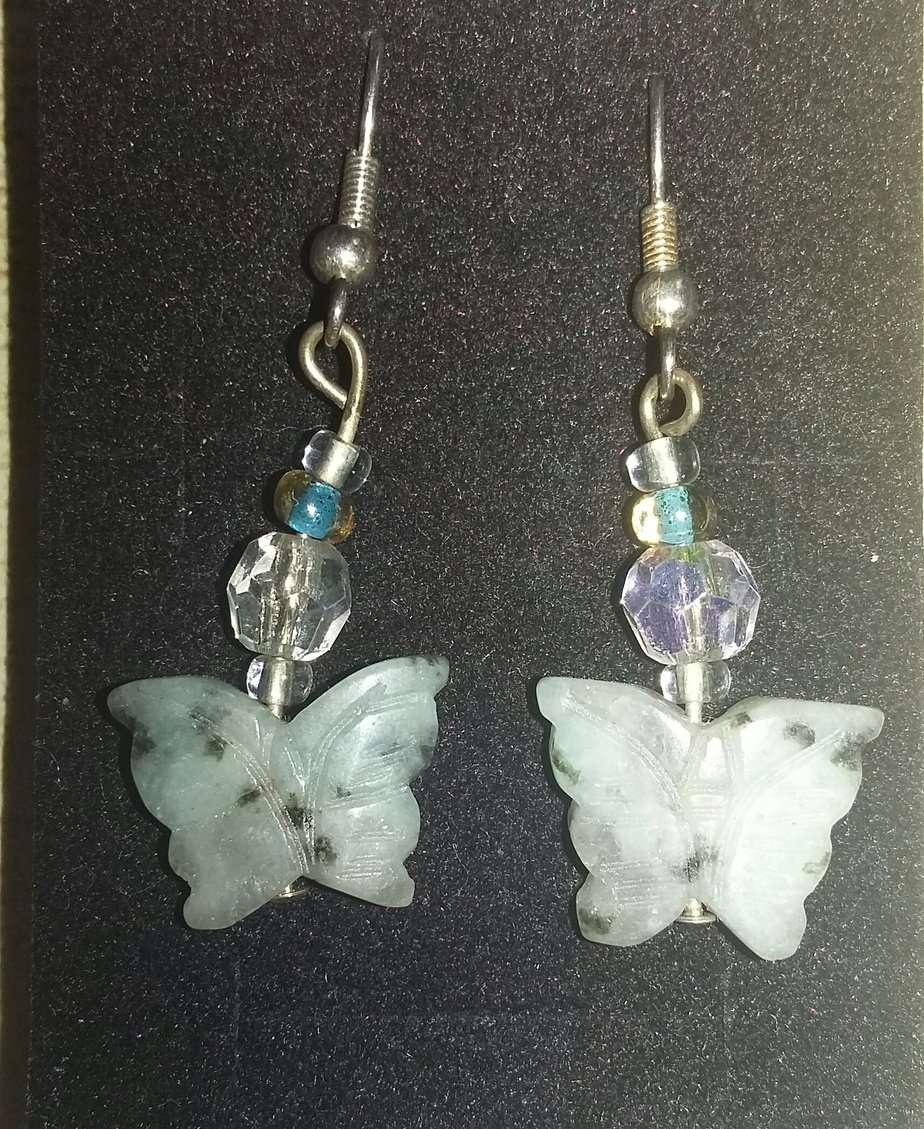Moss Agate Butterfly Drop Hook Earrings - handmade by Quiet Space Arts